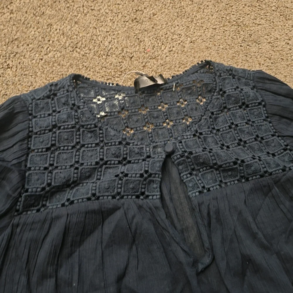 J.Crew Womens Navy Blue Crochet Lace Yoke Crinkle Gauze Cotton Blouse 00 NWT